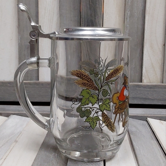 Vintage 80's Domex France Glass Beer Stein 95% zinn pewter lid - Picture 3 of 9
